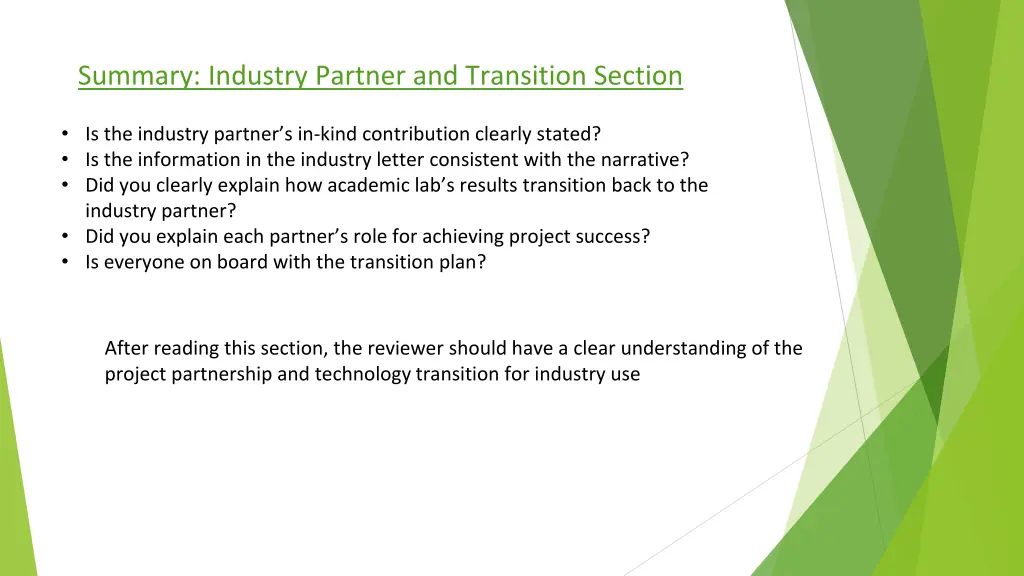summary industry partner and transition section