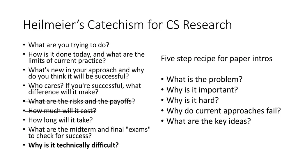 heilmeier s catechism for cs research