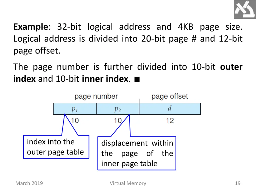example 32 bit logical address and 4kb page size
