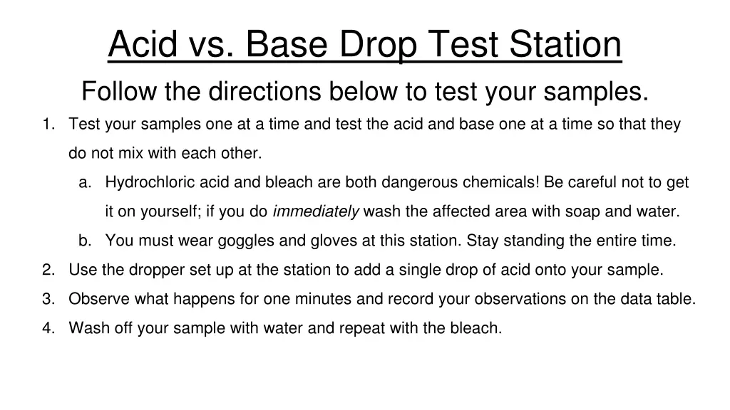 acid vs base drop test station follow