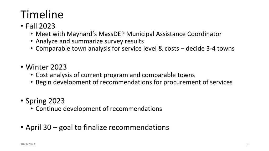 timeline fall 2023 meet with maynard s massdep