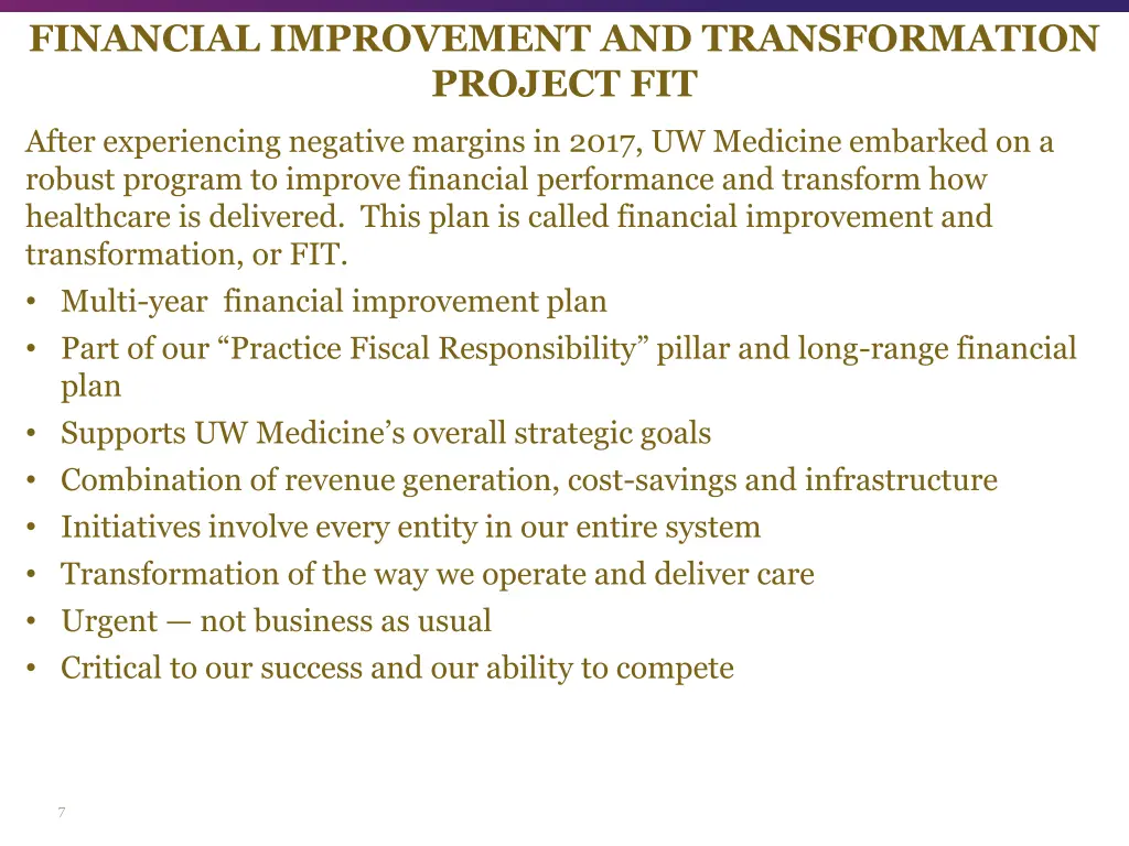 financial improvement and transformation project