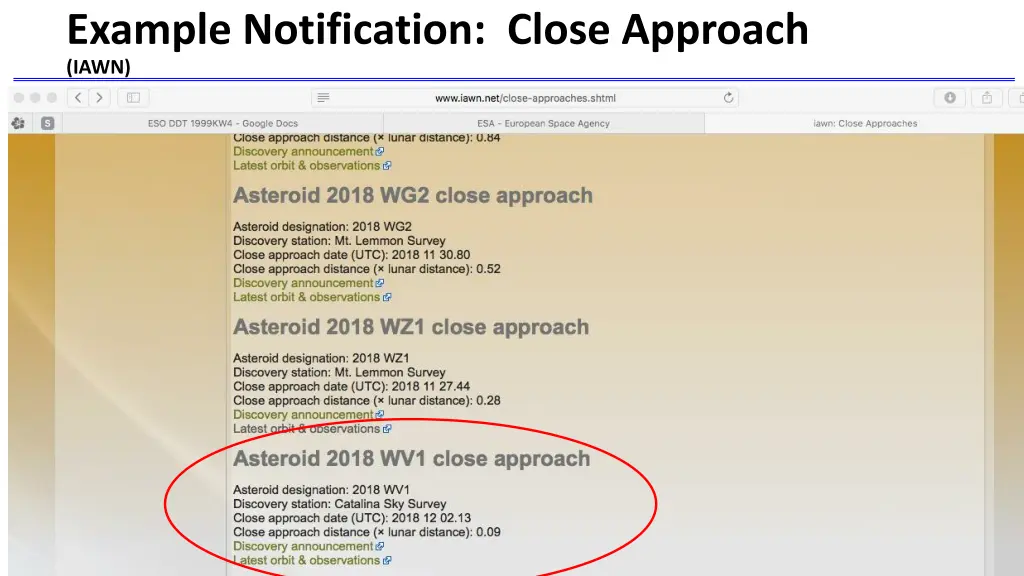 example notification close approach iawn