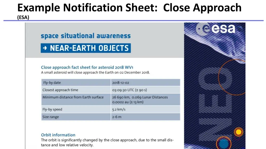 example notification sheet close approach esa 1