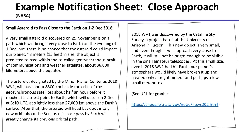 example notification sheet close approach nasa