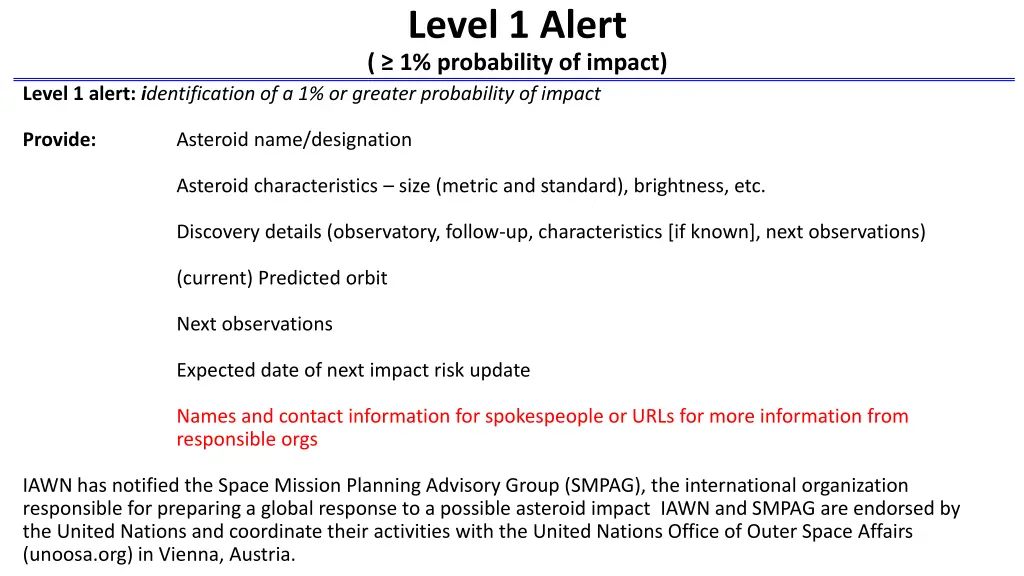 level 1 alert 1 probability of impact