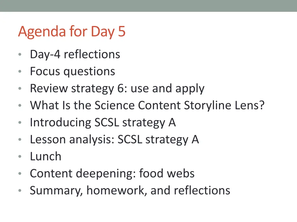 agenda for day 5