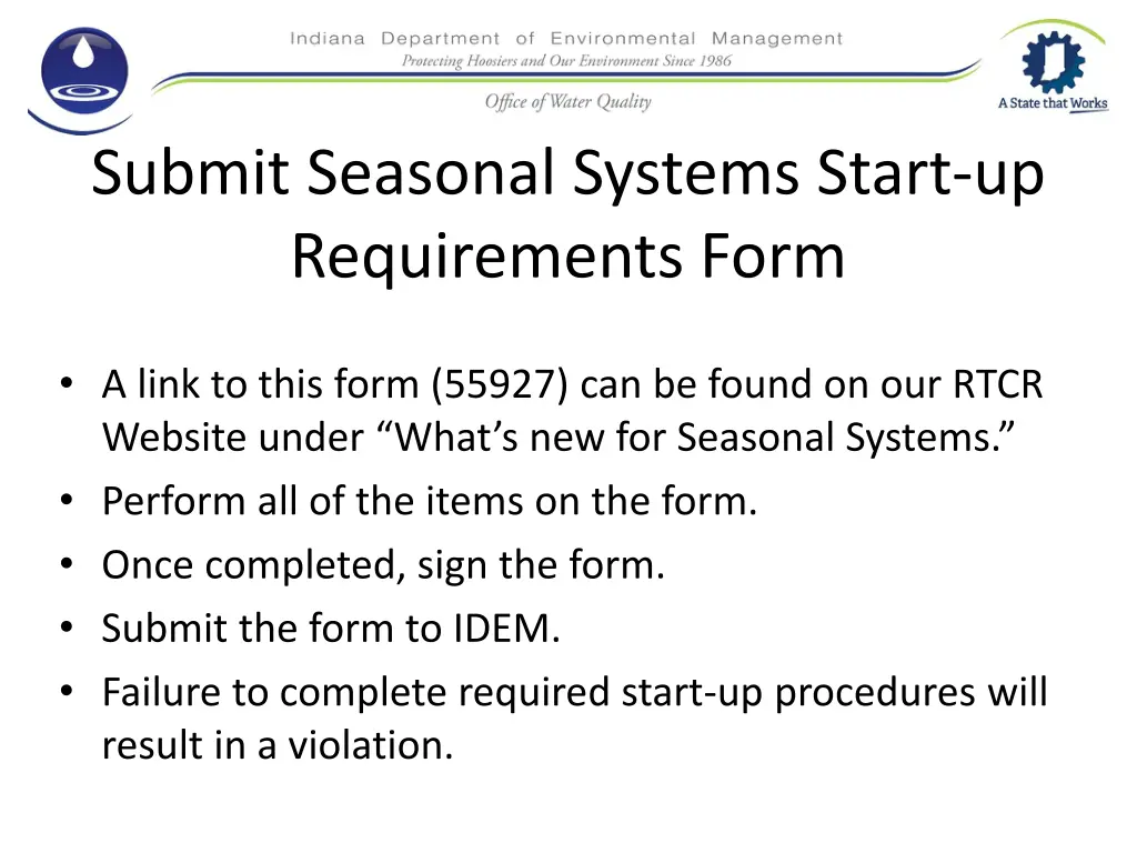 submit seasonal systems start up requirements form
