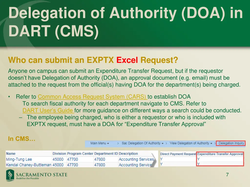 delegation of authority doa in dart cms