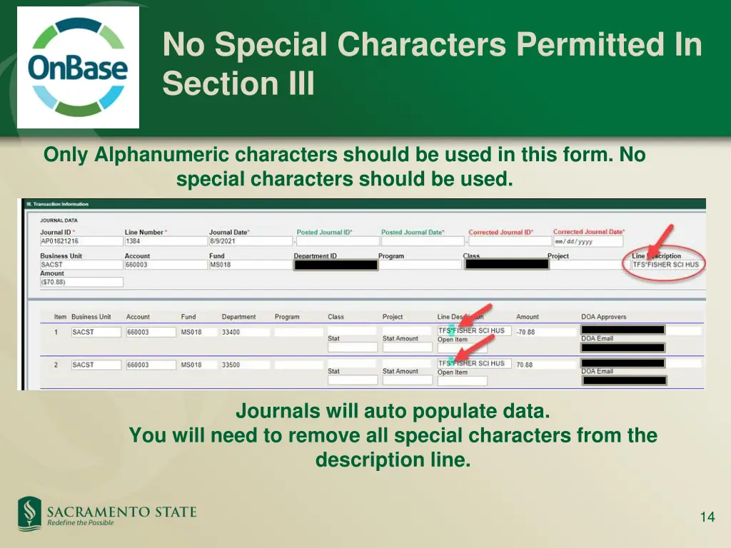 no special characters permitted in section iii