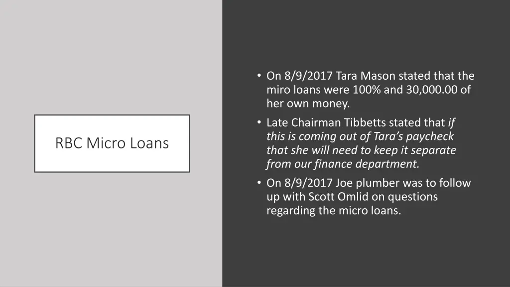 on 8 9 2017 tara mason stated that the miro loans