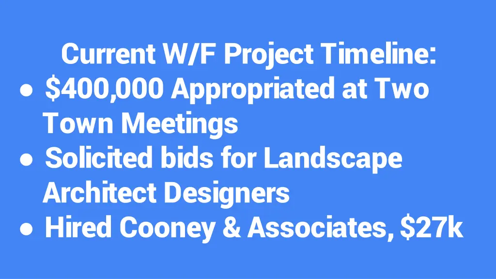 current w f project timeline 400 000 appropriated