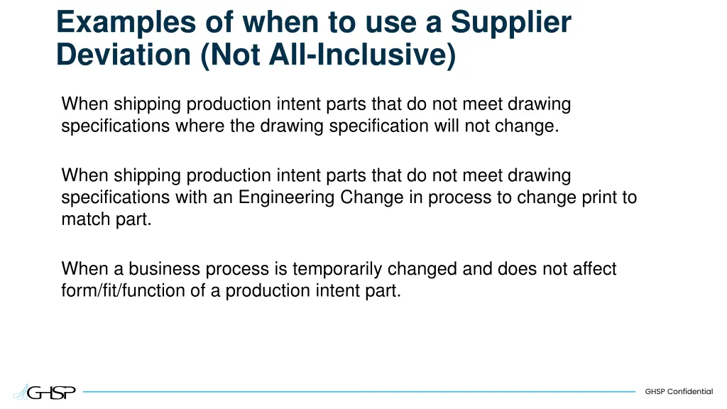examples of when to use a supplier deviation