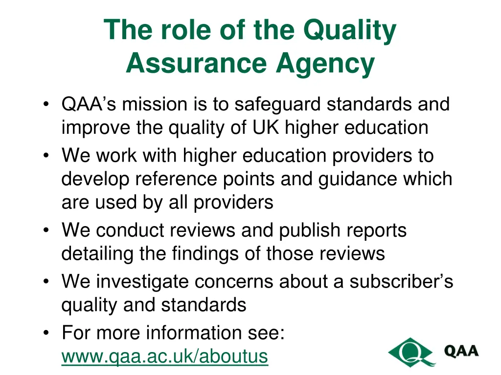 the role of the quality assurance agency
