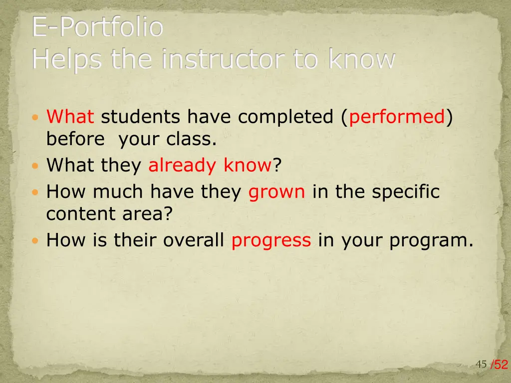 e portfolio helps the instructor to know