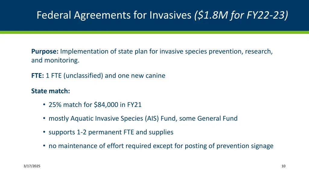 federal agreements for invasives 1 8m for fy22 23