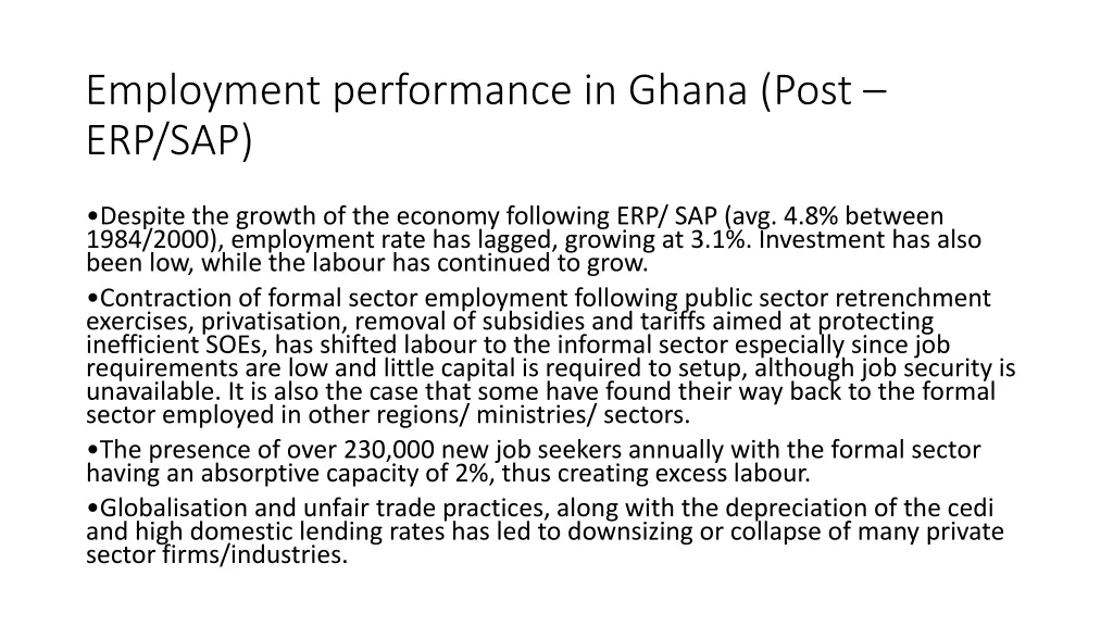 employment performance in ghana post erp sap