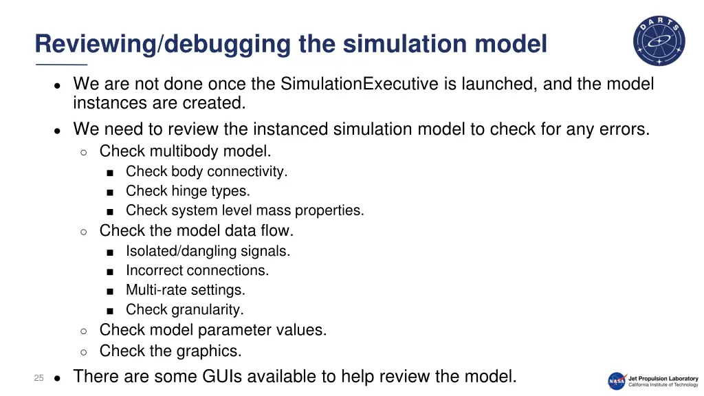 reviewing debugging the simulation model