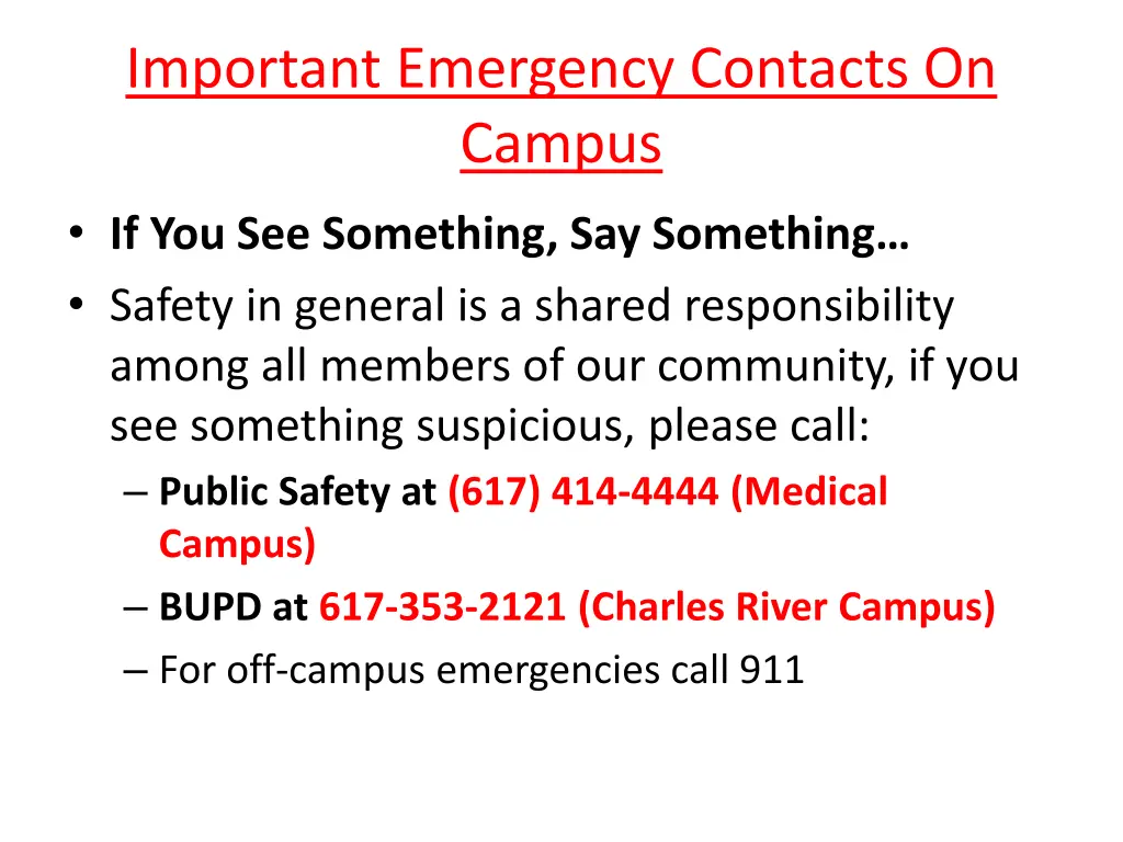 important emergency contacts on campus