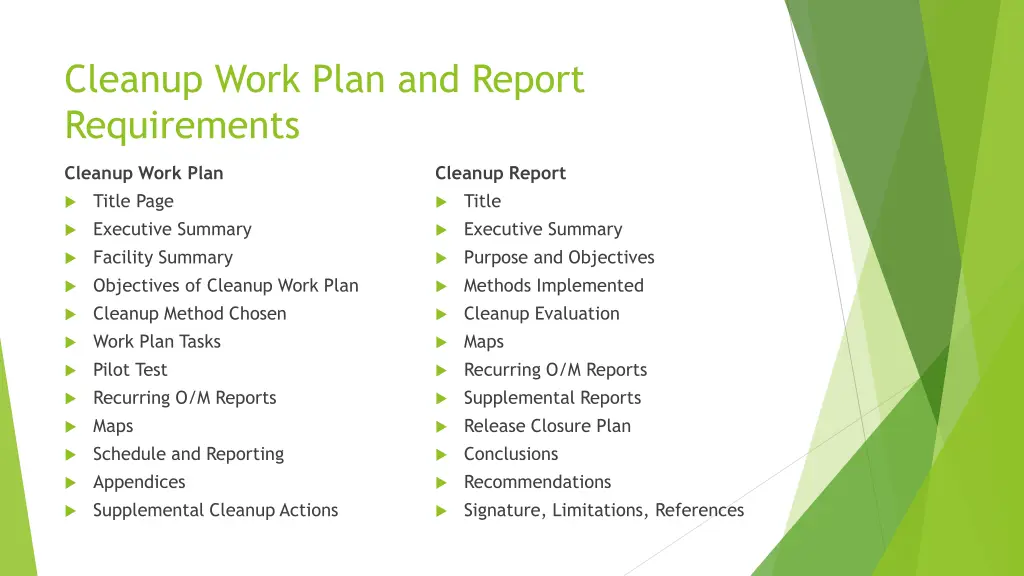 cleanup work plan and report requirements