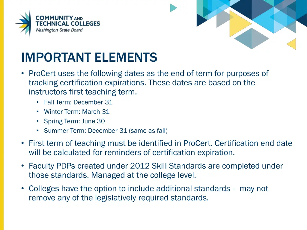 important elements procert uses the following