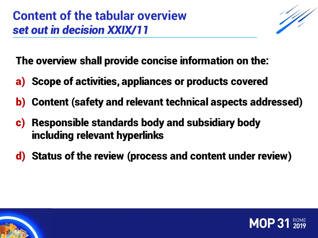 content of the tabular overview