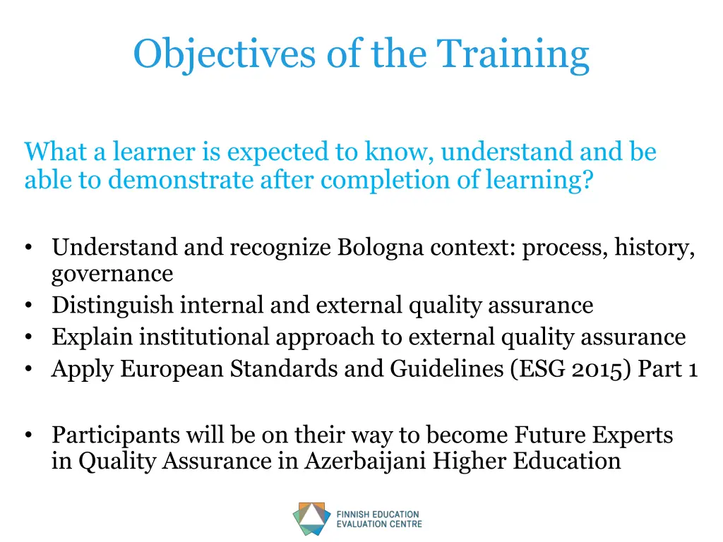 objectives of the training