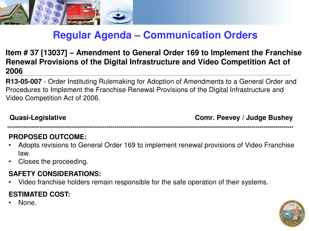 regular agenda communication orders