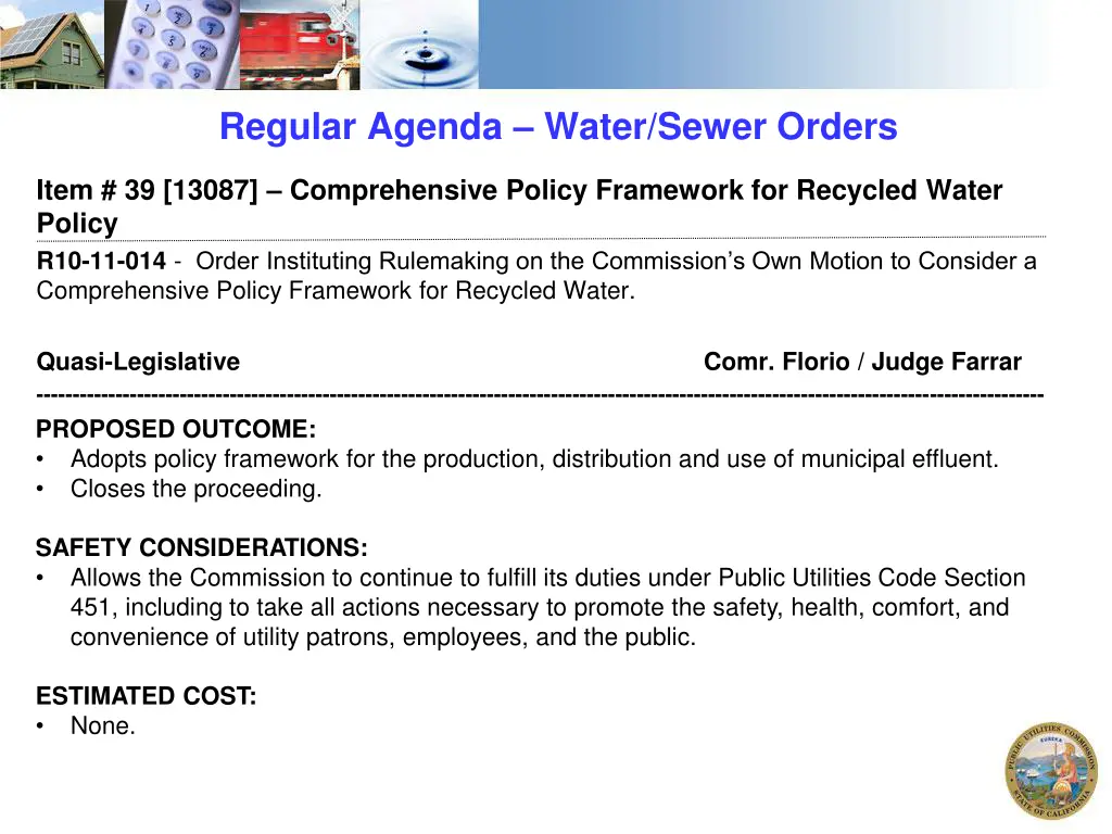 regular agenda water sewer orders