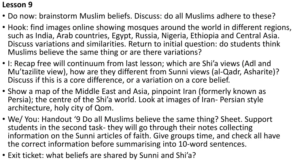 lesson 9 do now brainstorm muslim beliefs discuss