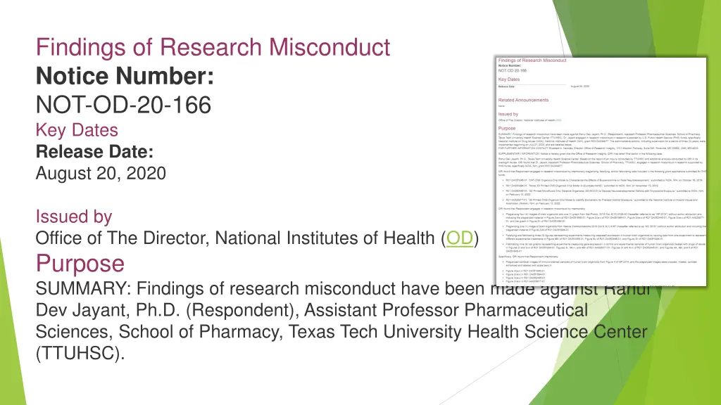 findings of research misconduct notice number
