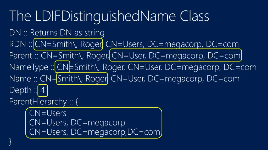 the ldifdistinguishedname class dn returns