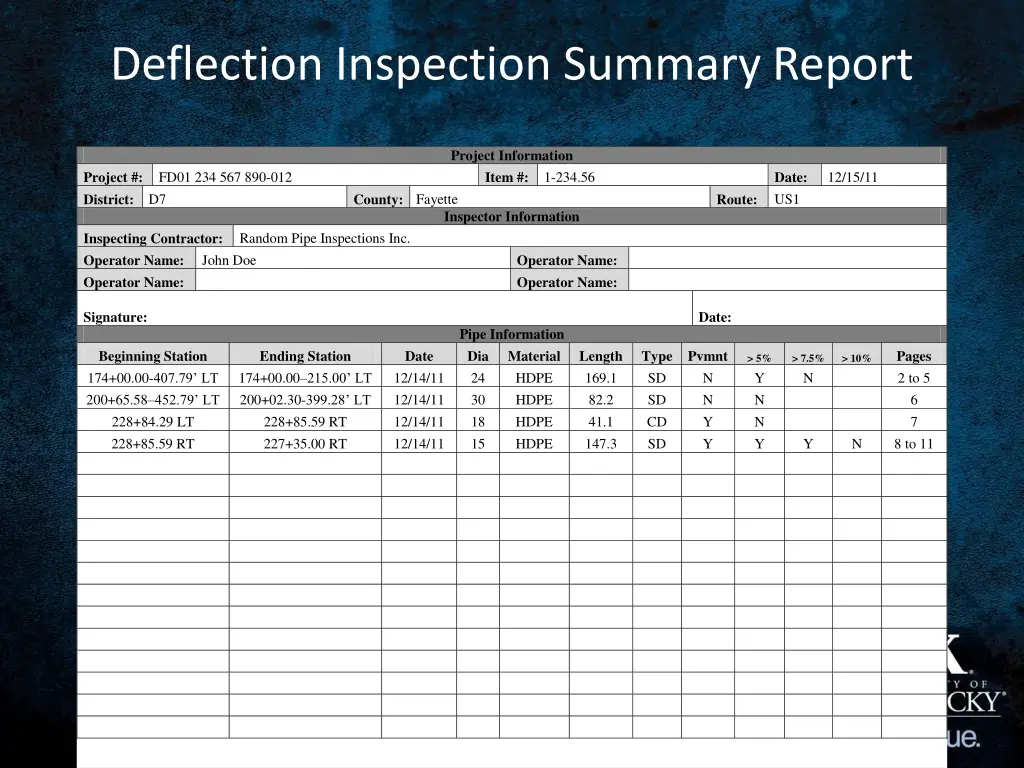 deflection inspection summary report