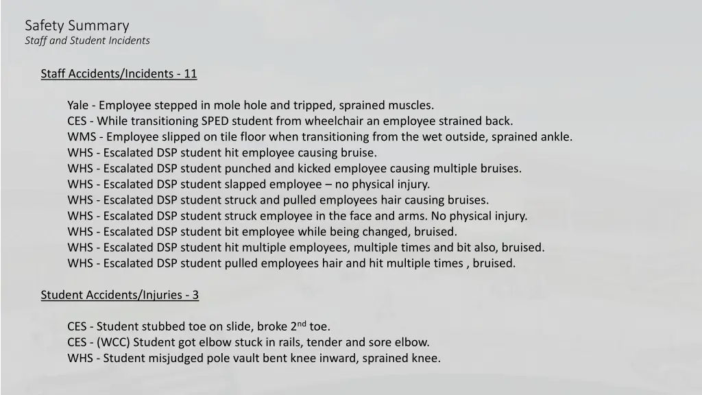 safety summary staff and student incidents