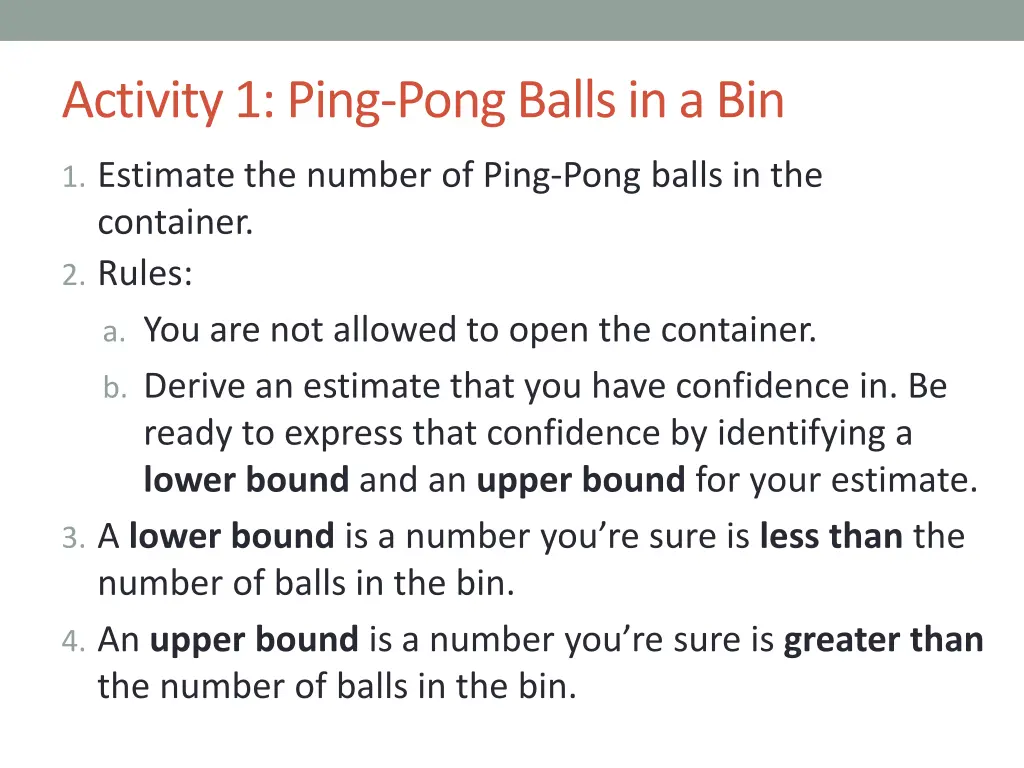 activity 1 ping pong balls in a bin