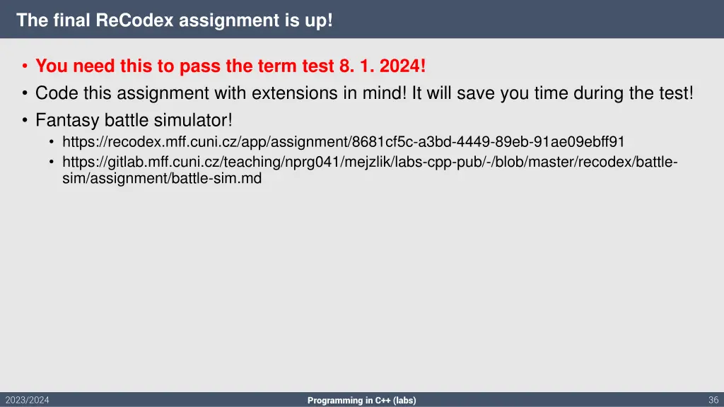 the final recodex assignment is up