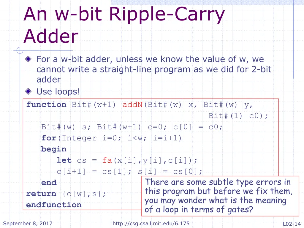 an w bit ripple carry adder