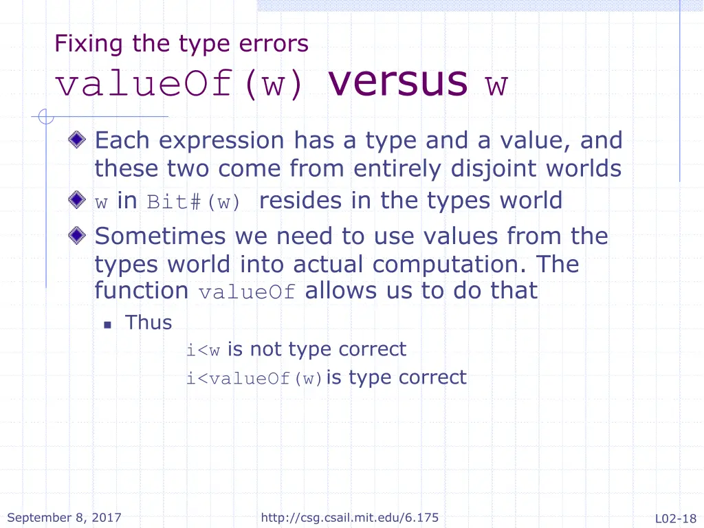fixing the type errors valueof w versus w