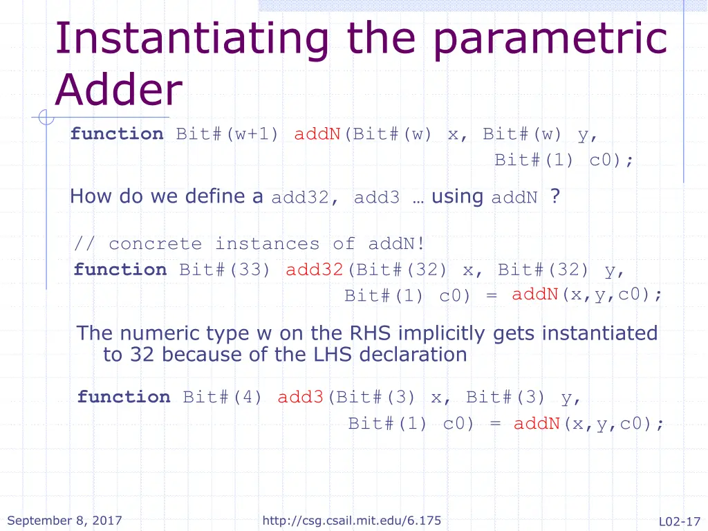 instantiating the parametric adder function