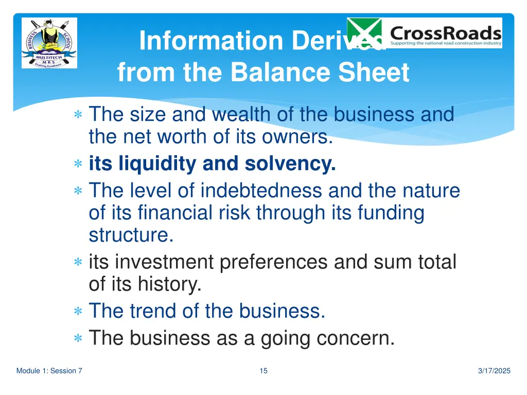 information derived from the balance sheet