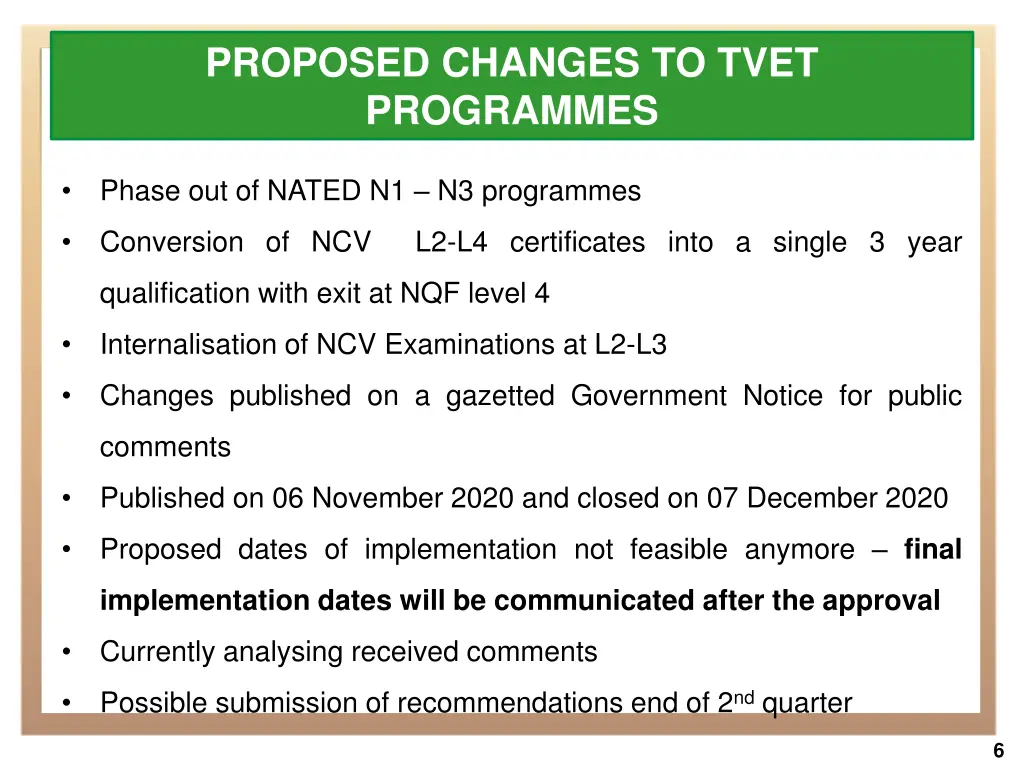 proposed changes to tvet programmes