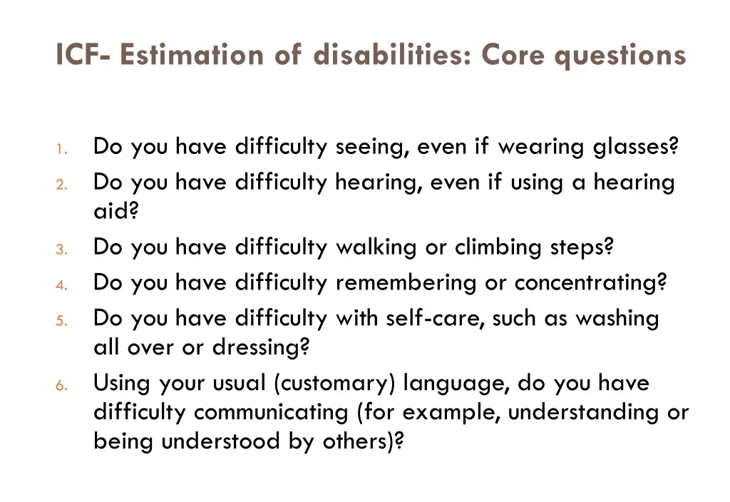 icf estimation of disabilities core questions