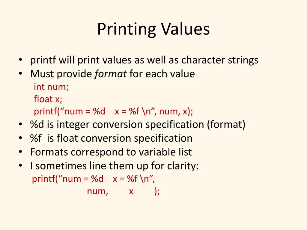 printing values