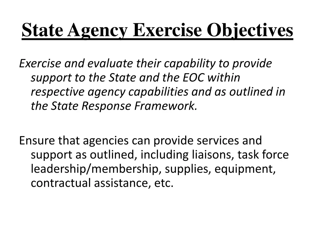 state agency exercise objectives