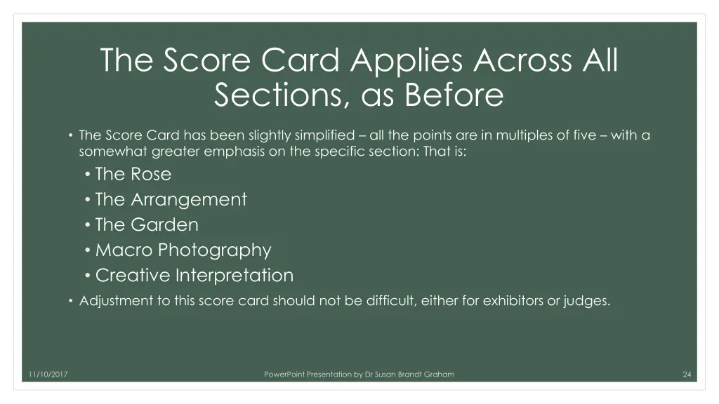 the score card applies across all sections