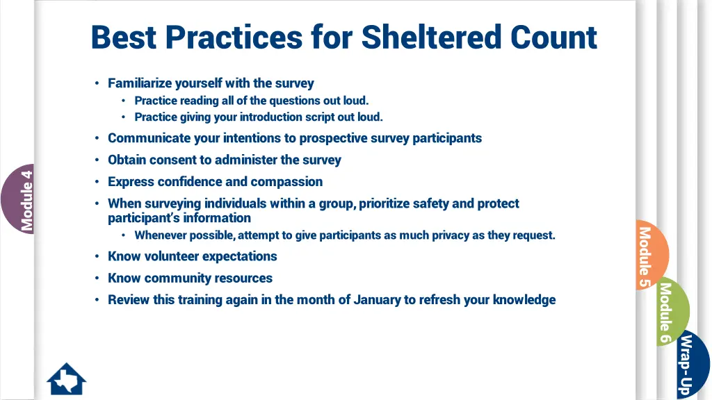 best practices for sheltered count