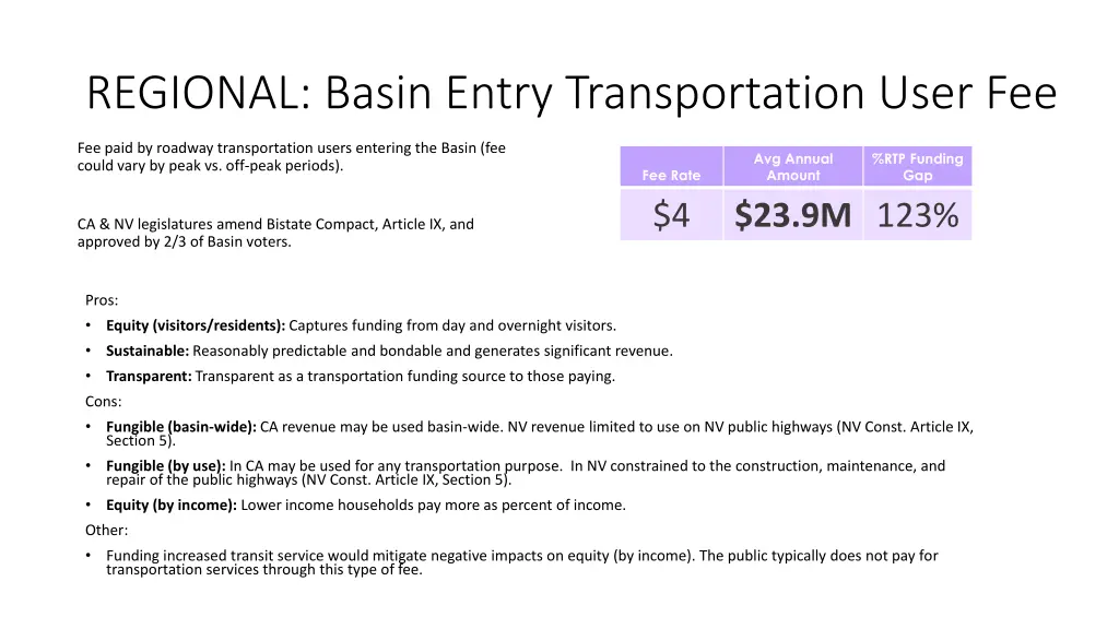 regional basin entry transportation user fee