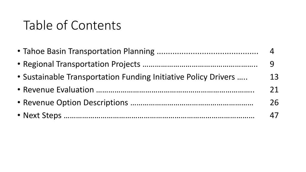 table of contents
