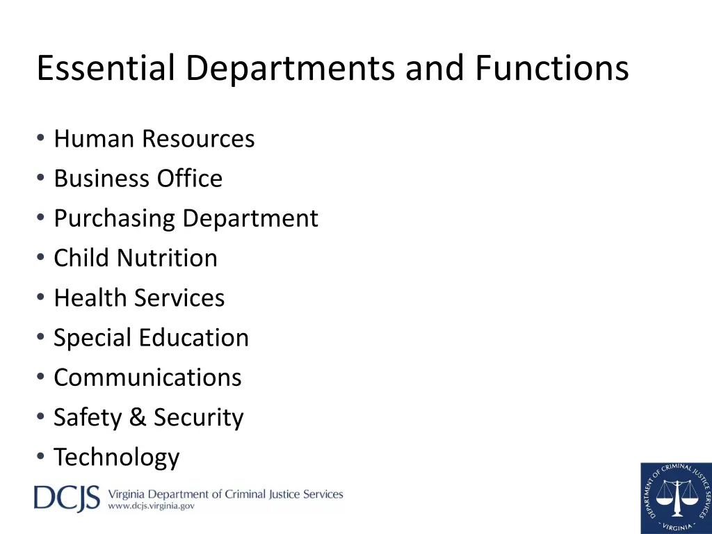 essential departments and functions