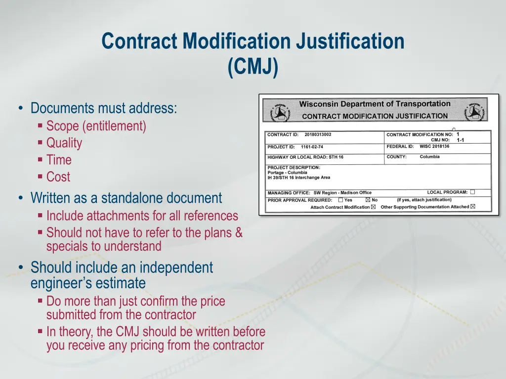 contract modification justification cmj